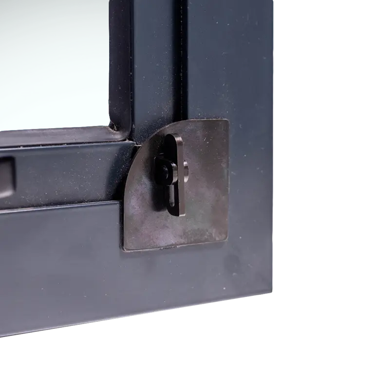 Close-up of closed cam security latch on aluminium window